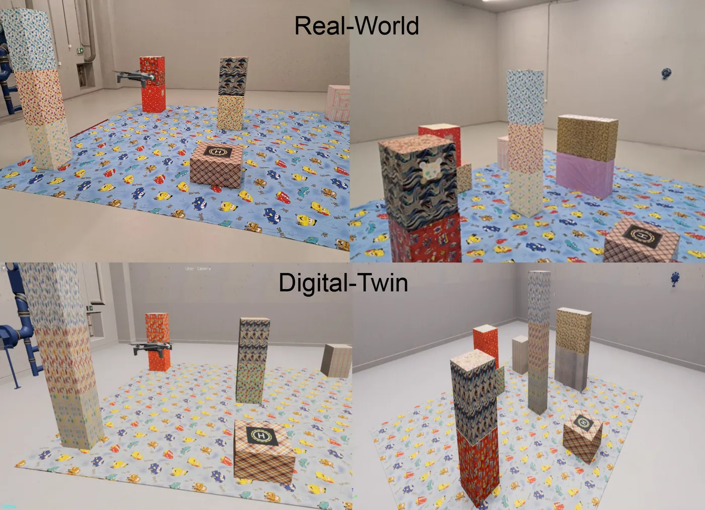 Real-world indoor arena and its digital twin used for self-supervised learning to fly